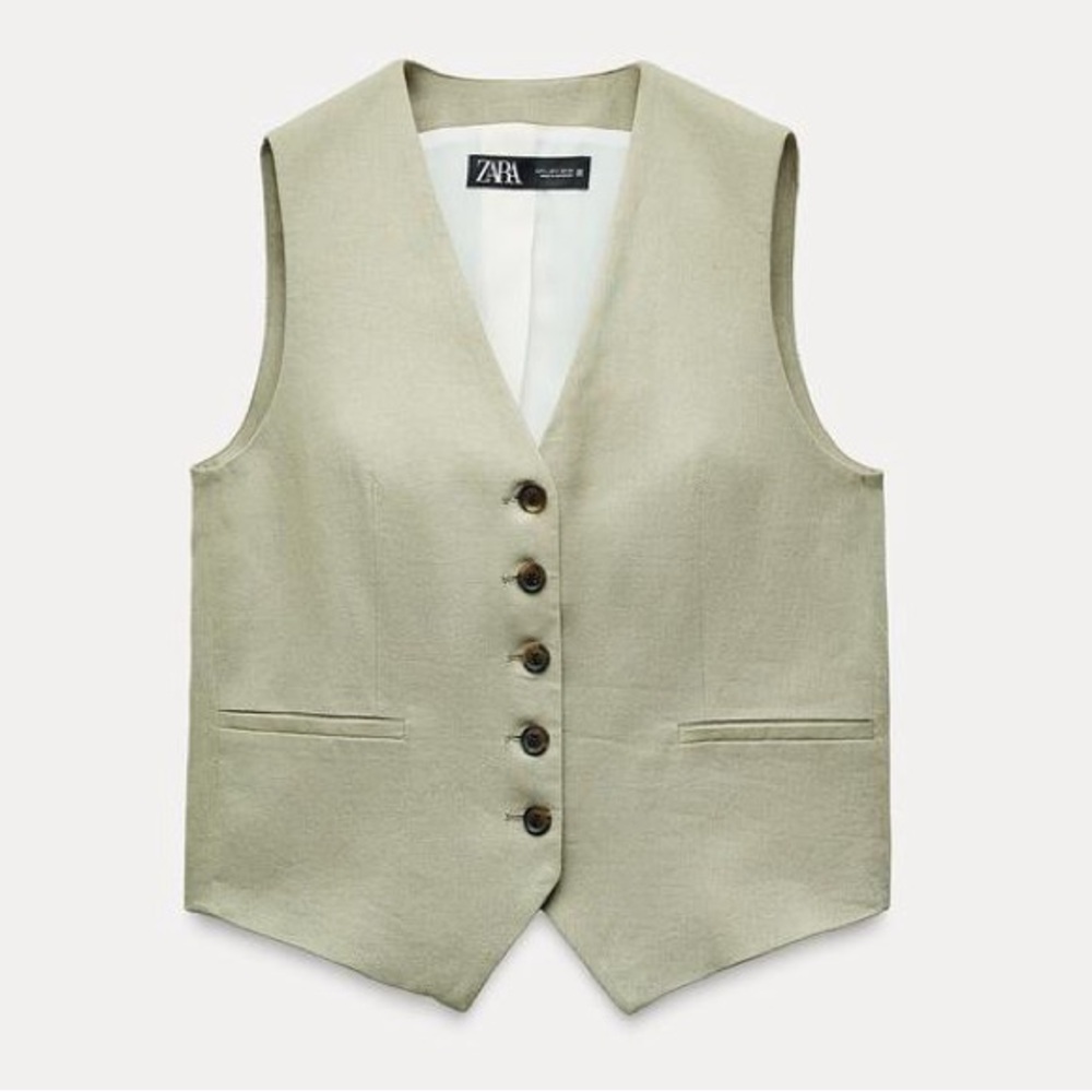ZARA Tailored Linen Blend Vest (Olive, L)